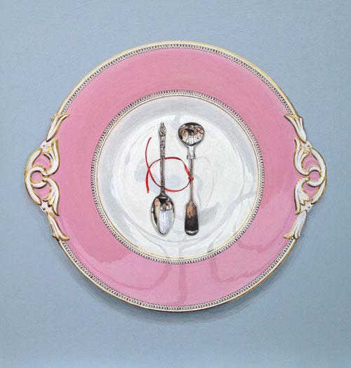 Worcester Plate with Spoons and Red Ribbon
