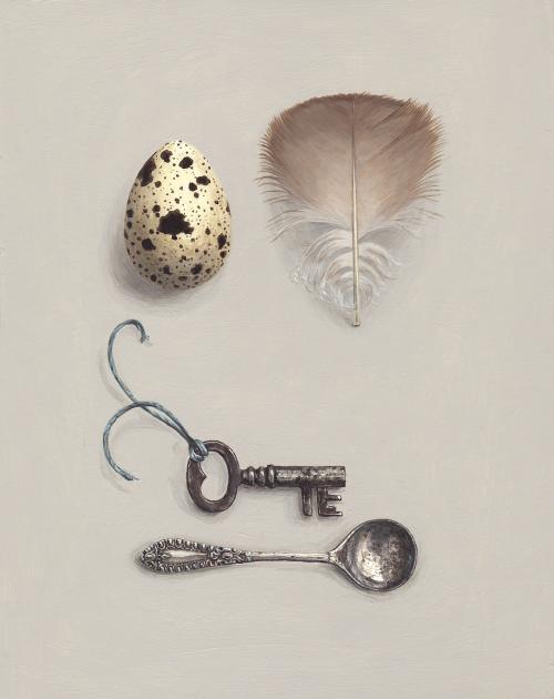 Hybrid Gallery Rachel Ross Quail’s Egg and Feather with Key and Spoon