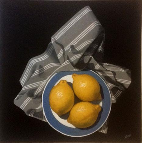 Hybrid Gallery Gill Hamilton Lemons on Blue Rimmed Plate