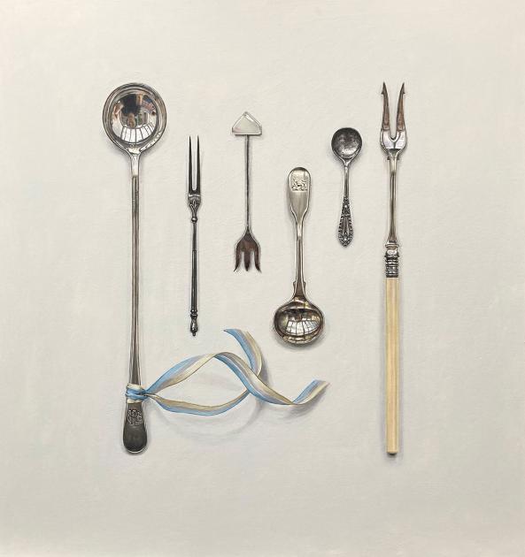 Hybrid Gallery Rachel Ross Silverware Arranged with Blue Striped Ribbon